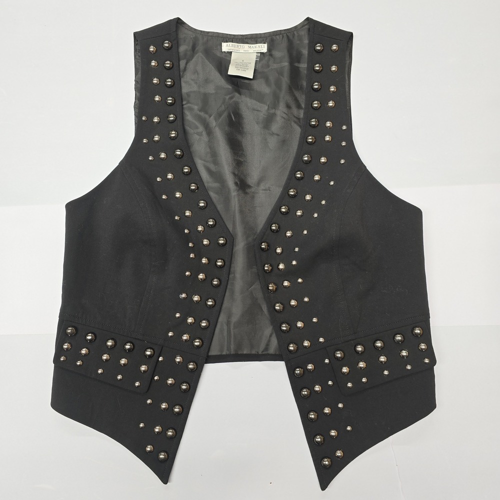 Alberto‎ Makali Black Studded Vest Women Size 8 Open Front Cropped Moto Style